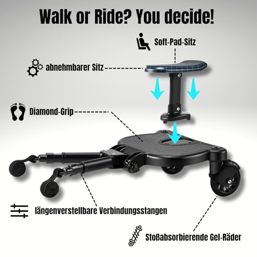 TinyPath Kinder Buggy Board - Universelles Trittbrett 19cm Sitz für alle Kinderwagen & Reisebuggys | Perfekt für Geschwisterwagen | Sicher, stabil & rutschfest | Einfache Montage | Kinderwagen-Zubehör