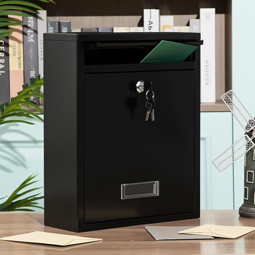 Image of Yaocom Wall Mount Mailboxes for Outside 15.8 x 11 x 4.7 Inches Large Vertical Mailbox with Key Locking Outdoor Metal Steel Mail Drop Security Hanging Secure Postbox for Home Office School, Black