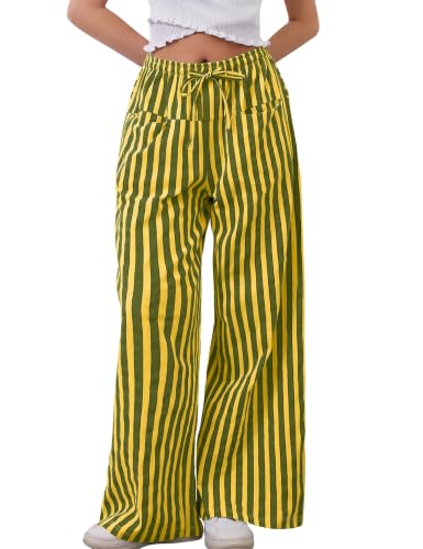 Image of MISSACTIVER Women Drawstring Striped Pants Loose Wide Leg Trousers Casual Low Waist Pants Comfy Lounge Pants with Pockets
