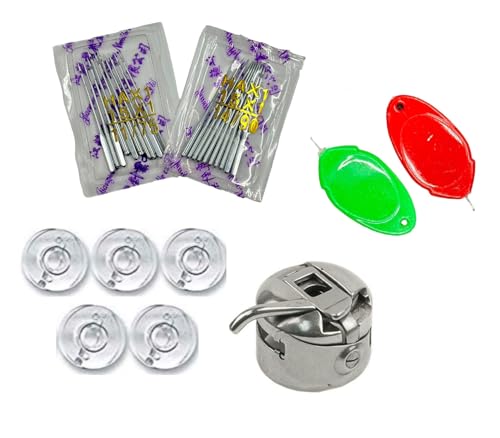 Image of ZENITH Combo of HA Size (11 /75 & 14 /90) no Sewing machine Needles (10 pc Needles each) and 5pc Plastic Bobbins 1 Bobbin case & 2pc Needle Threader for Home Sewing machines like Usha Janome, SINGER, BROTHER