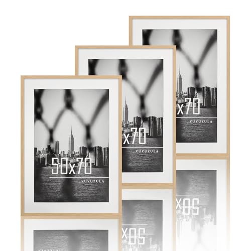 VUVUZULA Bilderrahmen 50x70cm Eiche 3er Set Fotorahmen Holzrahmen Rahmen Natur mit Passepartout Posterrahmen