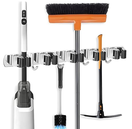 AMSAMOTION Besenhalterung Wand, 5 Halter + 4 Haken Schwarz Schwerlast Gerätehalter Selbstklebend, Besenhalter mit Nails Installieren, Wandhalterung Besen,Gartengerätehalter Edelstahl