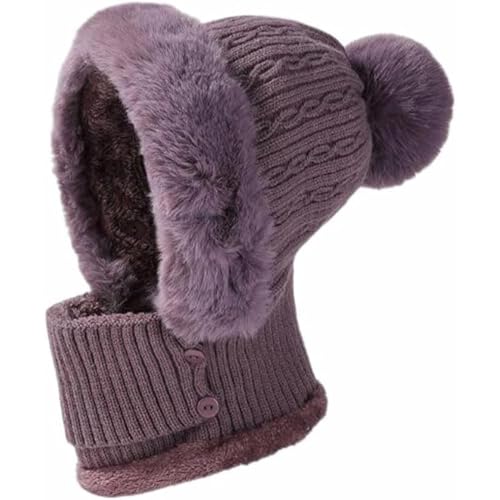 ネックウォーマー 裏ボア ニット帽 レディース 暖かい 可愛い ケーブル編み 防寒対策 ふわふわ 耳まで暖か 毛布 フェイスガード ニット キャップ 帽子 フェイクファー ポンポン (パープル)