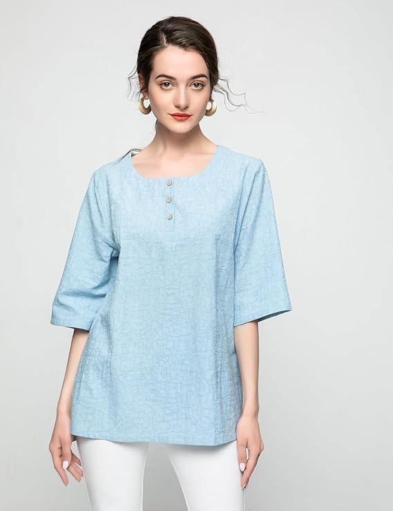 Minibee Women's 3/4 Sleeve Cotton Linen Jacquard Blouses Top T-Shirt - Image 2