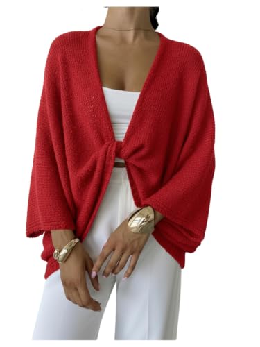 Image of GORGLITTER Women's Oversized Fall Wrap Sweater Cropped Bat Wing Knit Tops