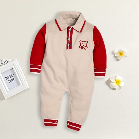 Image of BABY GO Cotton Full Sleeve Polo Neck Romper for Baby Boys | Cute Printed Collared Jumpsuit with Snap Buttons | Newborn Bodysuit & Sleepsuit