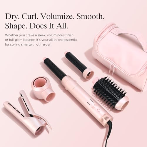Image of Dual Voltage Travel Hair Dryer Brush, 5-in-1 Air Styler Set with Travel Bag