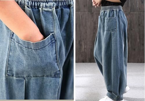 loveimgs Women Pleated Wide Leg Denim Pants Baggy Boyfriend Barrel Jeans Elastic Waist Balloon Harem Pants Y2k4