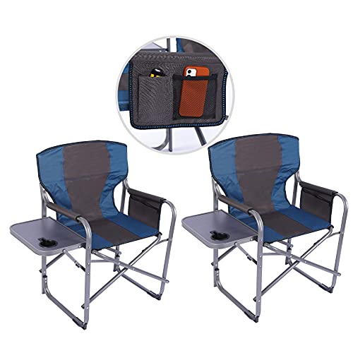 Campmax Oversized Camping Chairs For Adults 2 Pack, Sturdy Heavy Duty Folding Director Chair With Side Table, Portable For Outdoor Outside Sport Lawn, Blue 2 Pack #TOP8