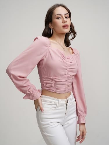 Image of Tokyo Talkies Women's Square Neck Ruched Crop Top | Puff Sleeves | Chic & Flattering | Perfect for Casual & Dressy Outings | Tops for Woman | Women Tops | Stylish Top