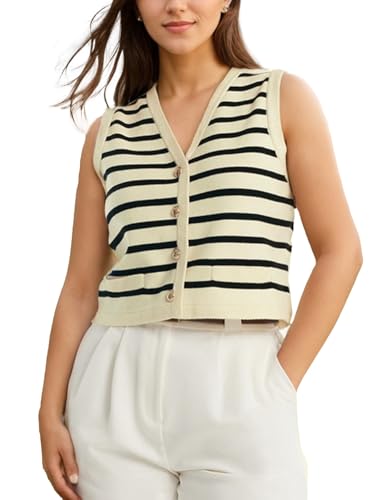 Image of Kedera Women's Sleeveless Knit Striped Sweater Vest Tank Tops Summer Slim V Neck Trendy Pullover, Large