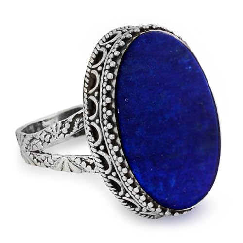 NOVICA Artisan Handmade Lapis Lazuli Cocktail Ring Blue Oval India .925 Sterling Silver Riverside Birthstone 'Pool of Memories'