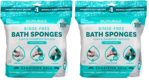 Image of Scrubzz Disposable No Rinse Bathing Wipes for Senstive Skin - 50 Pack - All-in-1 Single Use Shower Wipes, Simply Dampen, Lather, and Dry Without Shampoo or Rinsing (Sensitive Skin, 1-Pack)