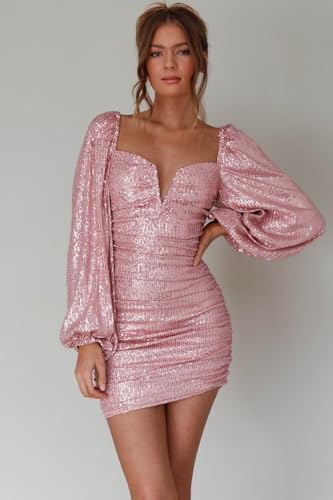 BONOYUER Sequin Long Sleeve Homecoming Dresses Short for Teens V Neck Mini Cocktail Gown Tight Glitter Party Dress2