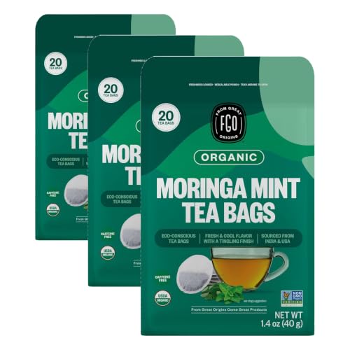 FGO Organic Moringa Mint Tea, 20 Count, Eco-Conscious Herbal Tea Bags, Resealable Bag, Caffeine Free, Packaging May Vary (Pack of 3)