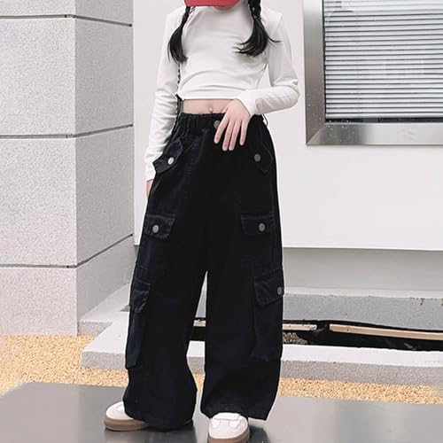 Girls Wide Leg Cargo Pants Solid Casual 𝗩intage Trousers Elastic High Waist Loose Fit Jeans with Multi Pocket3