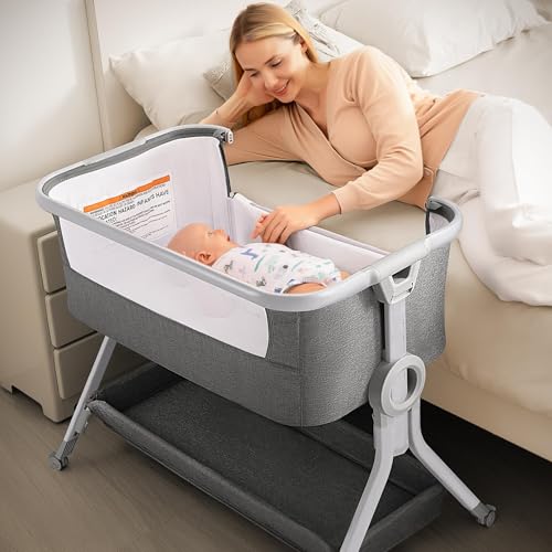 Image of Larex 3 in 1 Baby Bassinet Bedside Sleeper, Breathable Mesh Safe Bedside Bassinet for Baby, Easy Assemble and Folding Portable Bassinet, 5 Height Adjustable Bedside Crib with Storage Basket. (Grey)