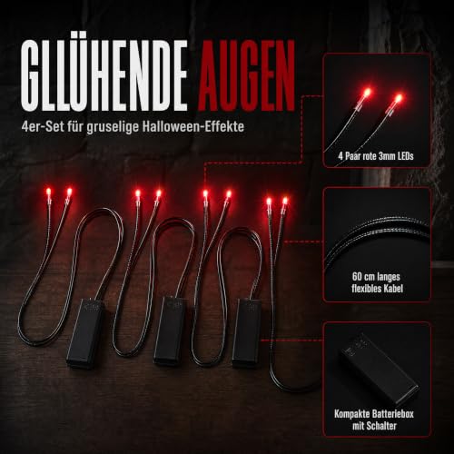 Johiux 4 Stück Halloween LED Leuchtende Augen für Halloween Deko Kostüm Cosplay Masken,Totenköpfe,LED Augen Dekoration (Rot) – Ansicht 2
