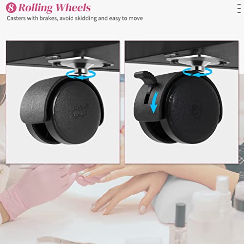 OmySalon Manicure Table Nail Desk for Nail Tech, Nail Table Station w/Electric Dust Collector, Nail Makeup Beauty Salon Storage Acetone Resistant w/Lockable Wheels,Wrist Cushion,4 Drawers&Cabinet