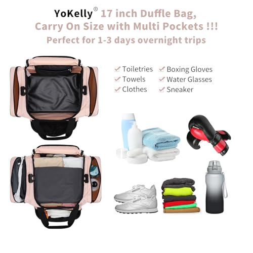 Image of Small Gym Duffle Bag, 17 inch, Pink | Carry On Weekender Bag, Travel Sport, 17x10x9 in