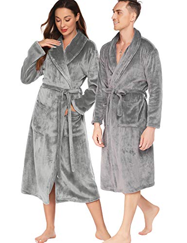 Ekouaer Thick Bathrobe Women Fleece Robe Plush Sleepwear Loose Bath Gown Warm Bathrobe Full Warm Spa Robe Length House Coat(Grey, X-Large)