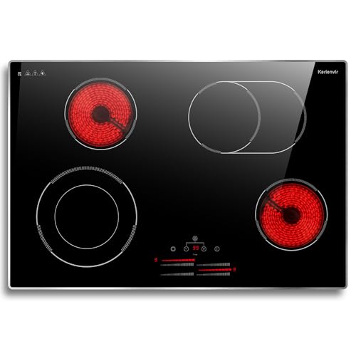 Karienvir Placa Vitroceramica 4 fuegos, 77cm, 6800W, Zona de expansión,Control deslizante, Temporizador, Bloqueo de seguridad,9 niveles de potencia
