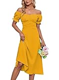 LYANER Women's Off Shoulder Wrap Ruffle Puff Short Sleeve Ruched Tie Back Dress Yellow Small