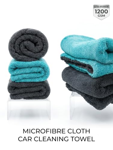 Image of OPTION ONE 1200 GSM Microfiber Cloth Car Cleaning Towel 60x40 cm 2 Pack Twisted Grey Blue Charcoal Grey Microfiber Towel Car Detailing Washing Drying Polishing