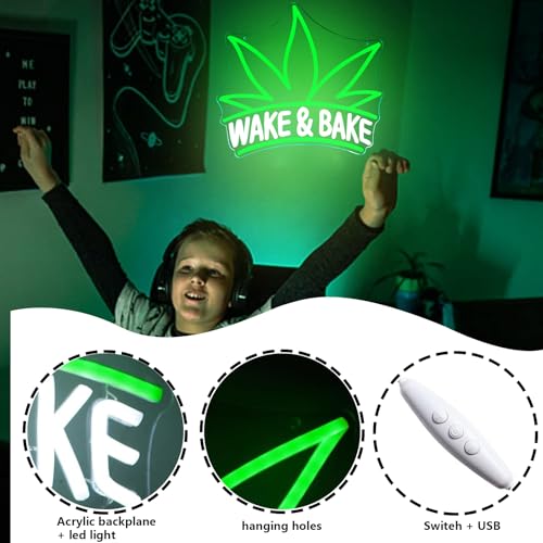 Image of Wake & Bake Neon Signs Green Weed Leaf LED Neon for Bar Decor,Dimmable Wake and Leaf Neon Lights Men Cave Bedroom Living Room Gifts for Christmas Birthday(Green, Wake)
