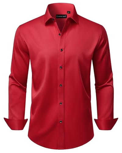 Lusead Red Dress Shirt Men Long Sleeve Stretch Wrinkle Free Formal Dinner Wedding Prom Button Down Shirts Art Exhibition