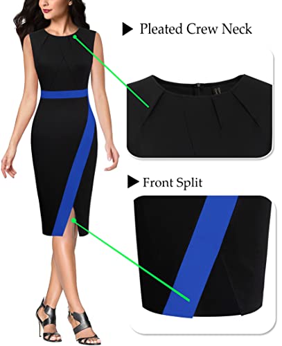 VFSHOW Womens Pleated Crew Neck Front Split Work Business Office Party Bodycon Pencil Sheath Dress4