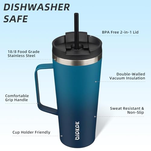 Image of BJPKPK 22oz Insulated Tumbler with Handle, Lid & Straw, Stainless Steel