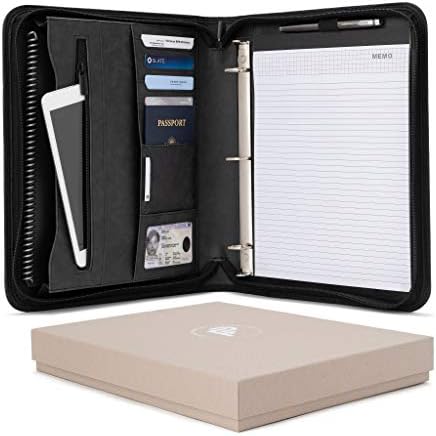 Forevermore Portfolios Padfolio Binder - Professional Faux Leather Travel Organizer Pouch for Tablet, Documents, Presentation Folders, Zipper Closure, Removable 3-Ring Notepad - Black