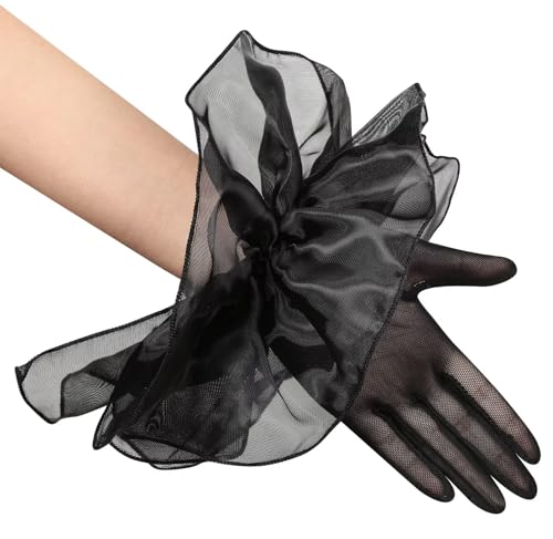 Women's Short Puff Oversize Ruffle Cuff Sheer Gloves Tulle Mesh G...