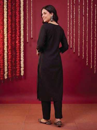 Image of INDO ERA Women's Black Silk Blend Embroidered Mirror Work Kurta & Pant with Dupatta Set (IEDDAI484)