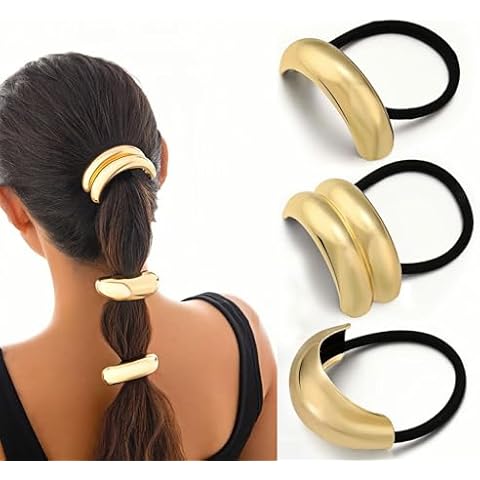 Vsdski Hair Ties for Women Metal Hair Ties for Thick Hair, Durable Geometric Gold Hair Accessories Elegant Elastic Hair Ties Ponytail Holders Cuff Hair Scrunchies for Girls Hair Styling Decor 3PCS Cover