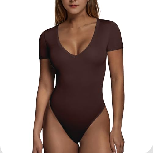 RoomTour body mujer elegante Body Con cuello en pico Para Mujer Manga corta, Tops body de tanga para mujer 1-Marrón XXL