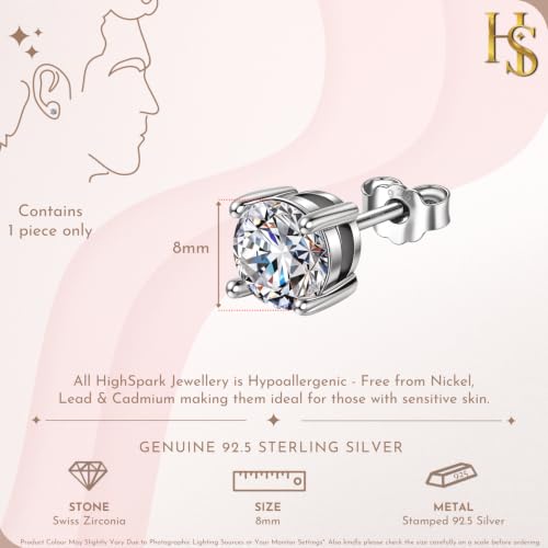 Image of HIGHSPARK 925 Silver Men's Round Solitaire Stud Earring | 92.5 Sterling Silver and Diamond like Brilliance Sparkling Zirconia | Single Stud for Men | Lovely Gift