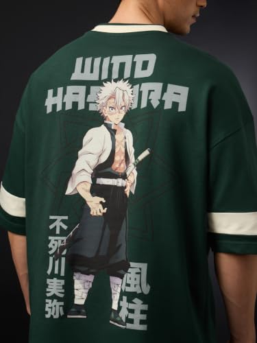 Image of The Souled Store Demon Slayer: Sanemi Men and Boys Short Sleeves V Neck Dark Green Anime Graphic Printed Cotton Oversized Breathable Lightweight Drop Shoulder Streetwear T-Shirts