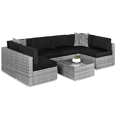 Best Choice Products 7-Piece Modular Outdoor Sectional Wicker Patio Conversation Set w/ 2 Pillows, Coffee Table, Cover Included - Gray/Black