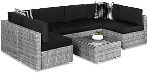 Best Choice Products 7-Piece Modular Outdoor Sectional Wicker Patio Furniture Conversation Sofa Set w/ 6 Chairs, 2 Pillows, Seat Clips, Coffee Table, Cover Included - Gray/Black