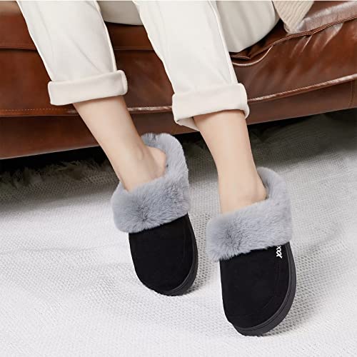 Ninecifun Women's And Men's Suede House Slippers Slip On Fuzzy Slippers With Faux Fur Lining Indoor Outdoor Home Shoes With Rubber Sole Black (Women's Size 7-8,Men's Size 5-6) #TOP6