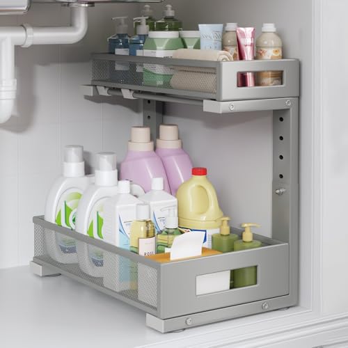 Image of 1 Pack-11.4 inch-16.14 inch H Under Sink Storage Organizer, Large 2-Tier Elegant Mesh Pull Out Shelf for Kitchen & Bathroom Cabinet Organization, L-Shaped, Adjustable Height-Gun Gray