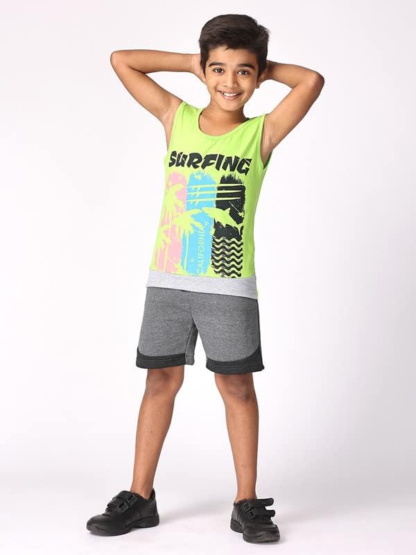 Image of TotzTouch Kids Dress For Boys T shirt | Shorts Set Summer Dress Cotton Sleeveless Tee Shirt Half Pants Clothing Set (Colors Blue, Red, Green Tops & Navy, Black, Grey Shorts) Age 1 years to 15 years