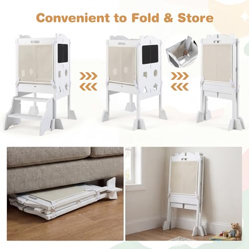 Image of Costzon Folding Toddler Step Stool with Chalkboards, 4-in-1 Standing Kitchen Tower w / 2-Step Stool, Safety Nets & Anti-Tip Feet, Wooden Toddler Tower Foldable for Boys & Girls Aged 2+ (White)