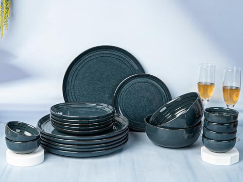 Image of Bodhi House Handcrafted Chip Resistance Porcelain Dinner Set, 20 Pieces Dish Set Serving for 6, Microwave and Dishwasher Safe, Bone-ash Free, Crockery Set for Dining and Gifting, Sapphire Blue