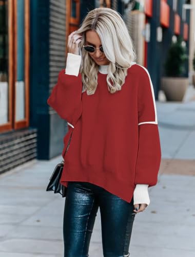 Image of Womens Sweaters Causal Crewneck Batwing Sleeve Knit Top Side Split Oversized Pullover Sweater Loose Jumper