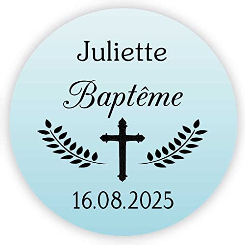 MameArt 50 Pièces Autocollants Personnalisées Baptême Croix, Prénom et Date, 4cm Étiquettes Autocollants pour Mariage Anniversaire Ans Baptême Cadeaux Fête (Bleu)