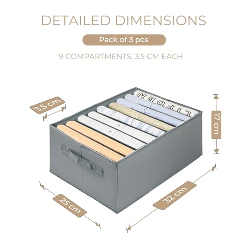 challego 3 Piece Wardrobe Organiser, Collapsible Wardrobe Organiser, Wardrobe Organiser with Handles, Underwear Organiser, Trouser Organiser (9 compartments)