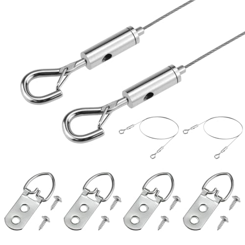 Image of 2 Kit 6.6FT Adjustable Picture Hanging Wire, Heavy-Duty Stainless Steel Wire Rope with D Ring, Hanging Hardware Holds Up to 45lbs for Mirror Light Lamp, Billboards, Basket Flowerpot